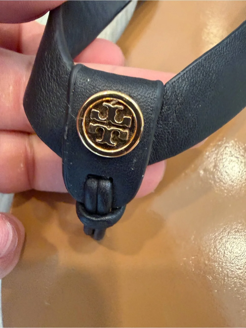 Tory Burch Black Leather Thong Sandals with Tan Footbed